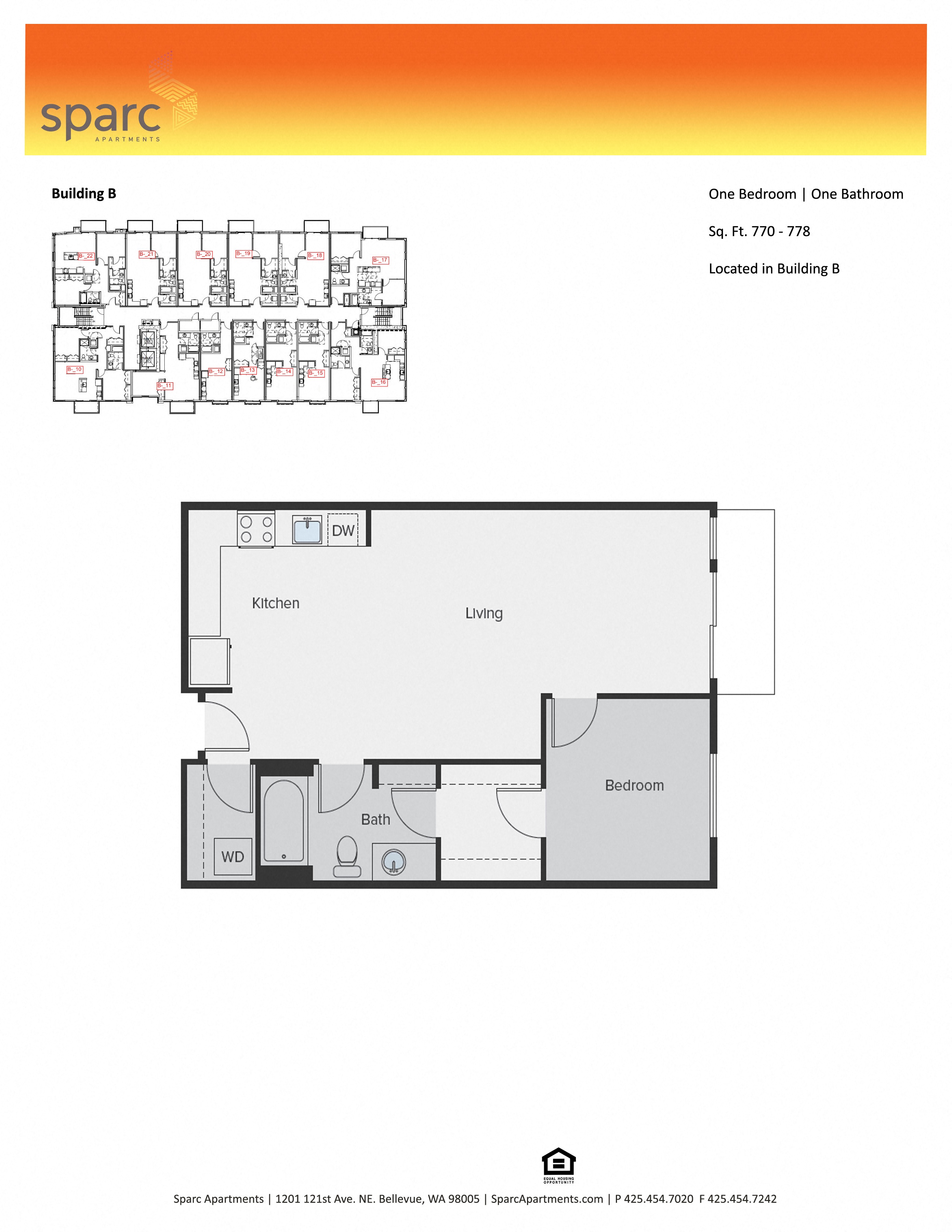 Floor plan for 1 bed, 1 bath, 816 sqft